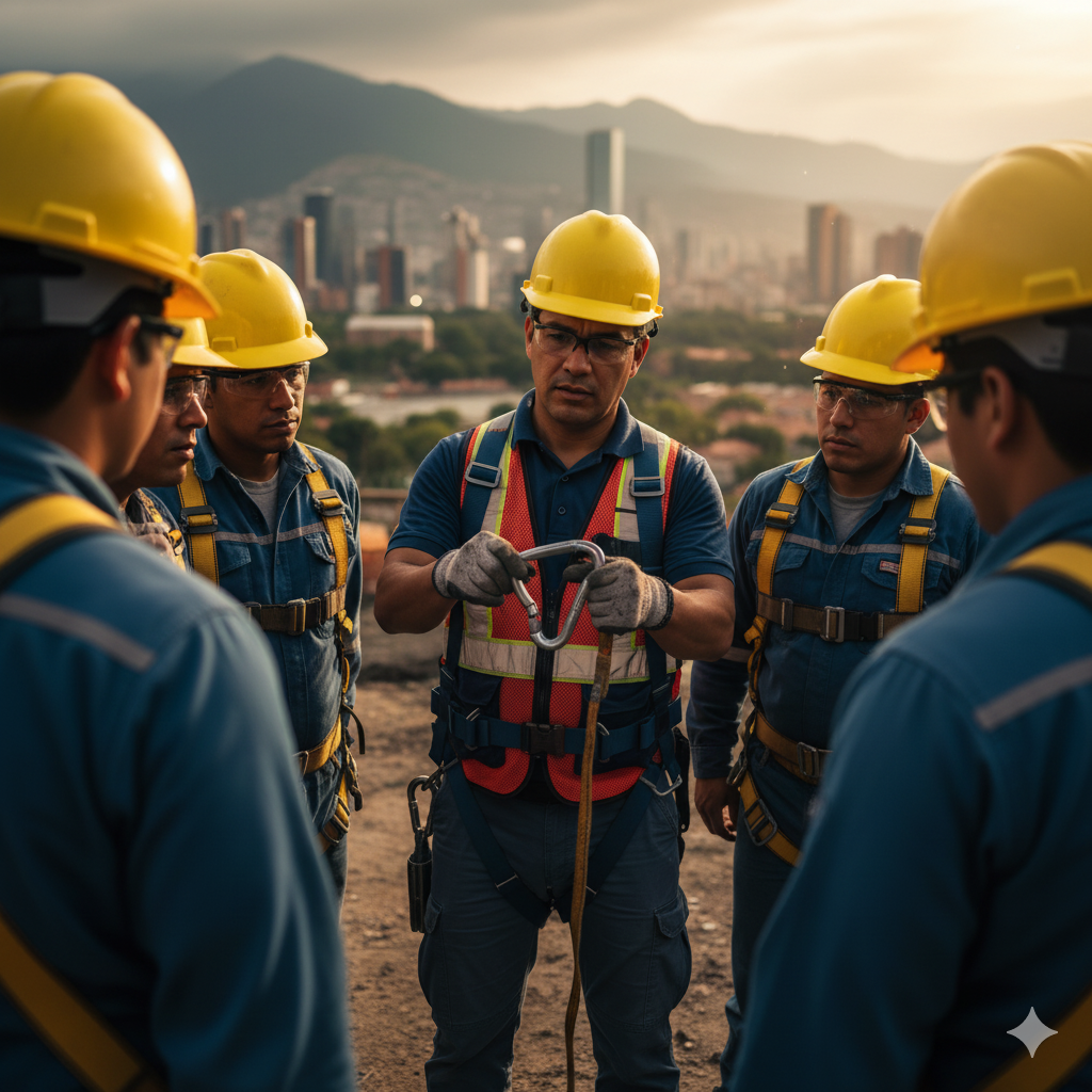 Trabajadores inspeccionando equipos para trabajo en alturas